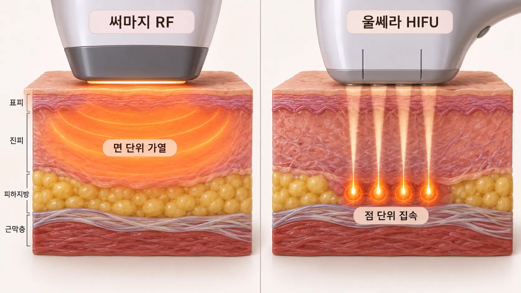 써마지 고주파 면 단위 가열과 울쎄라 초음파 점 단위 집속 방식 비교 다이어그램