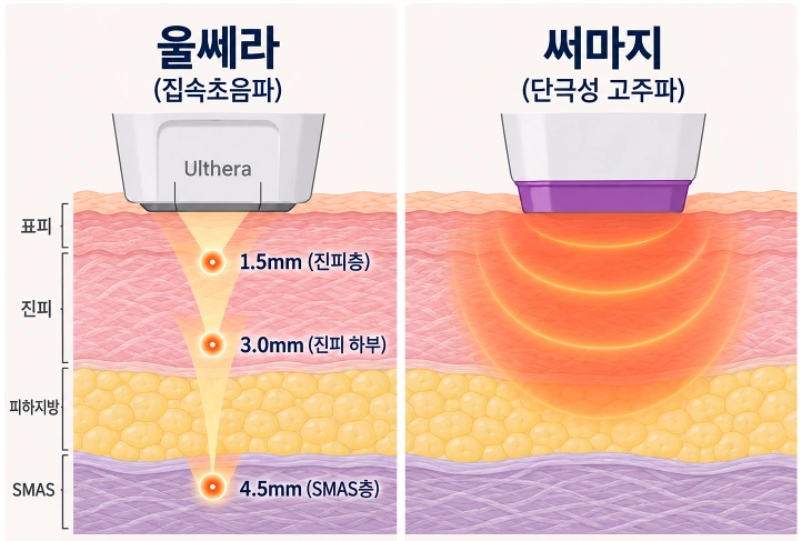 울쎄라와 써마지가 각각 피부층에 에너지를 전달하는 깊이와 방식을 비교한 원리 모식도