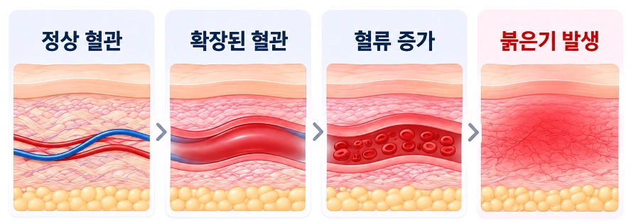 혈관 확장과 혈류 증가로 얼굴 붉은기가 나타나는 과정