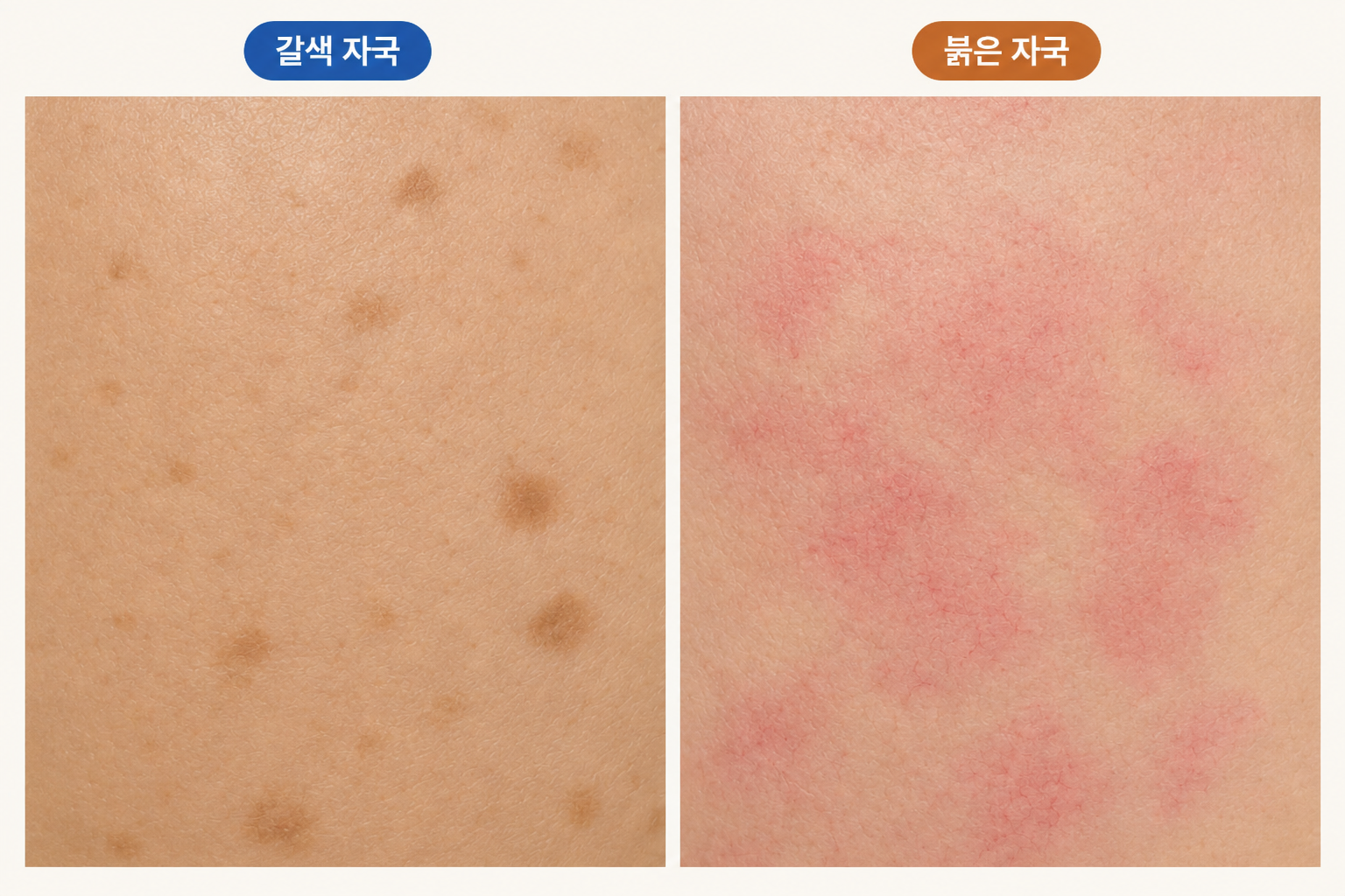 여드름 후 멜라닌이 남은 갈색 자국과 확장된 모세혈관으로 인한 붉은 자국 비교