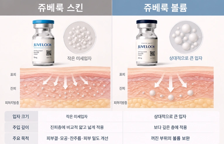 쥬베룩 스킨과 쥬베룩 볼륨의 입자 크기·주입 깊이·적용 목적 차이를 피부 단면과 함께 비교한 비교 인포그래픽