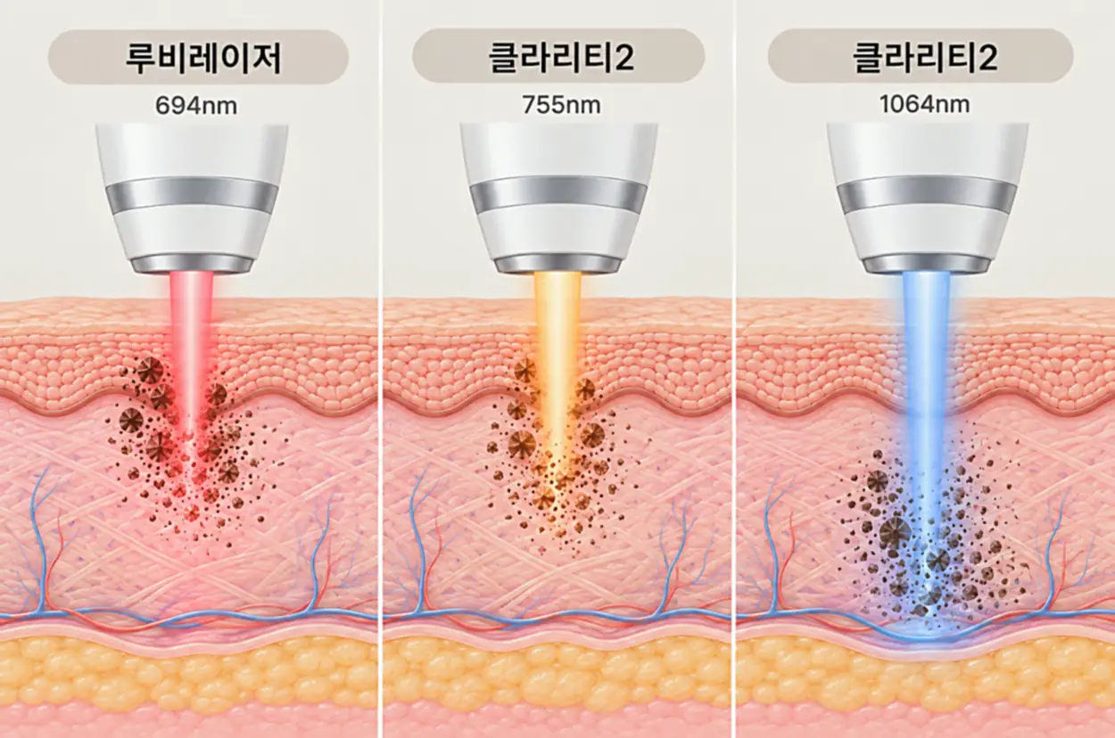 루비레이저, 클라리티 파장별 피부 침투 비교하는 단면도