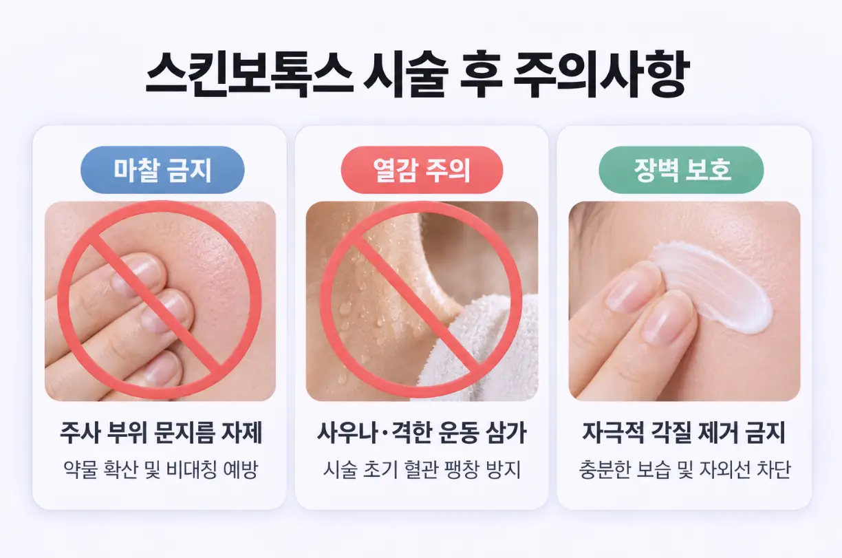 스킨보톡스 시술 후 마찰 금지(문지름 자제), 열감 주의(사우나 금지), 장벽 보호(보습 케어) 등 3가지 핵심 주의사항 안내