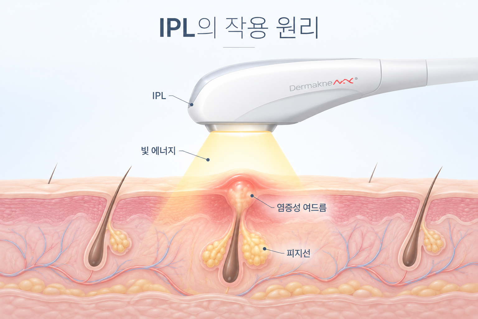 IPL 빛 에너지가 염증성 여드름과 피지선 부위에 조사되는 피부 단면도