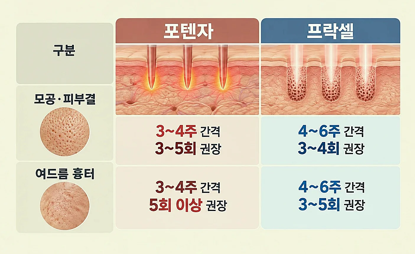 포텐자 프락셀 모공 피부결 여드름흉터별 시술 권장 회차 비교