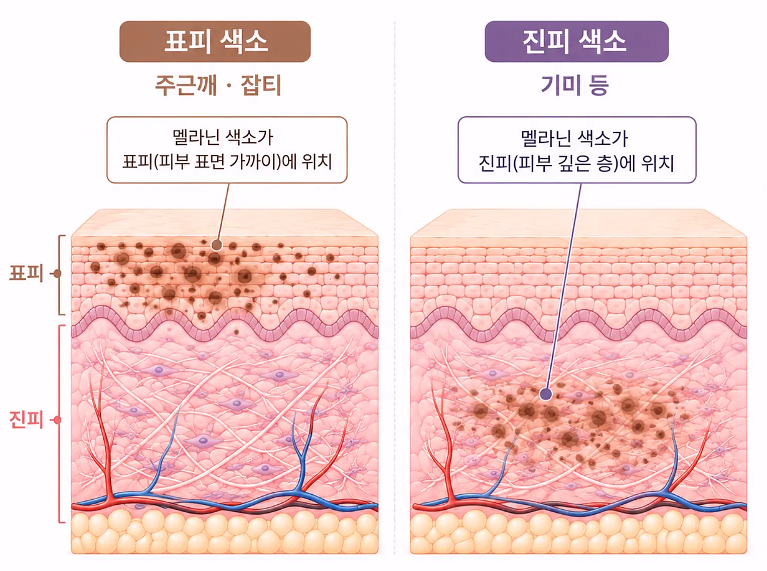 표피 색소와 진피 색소 위치 비교 - 주근깨 잡티 기미 피부 단면도