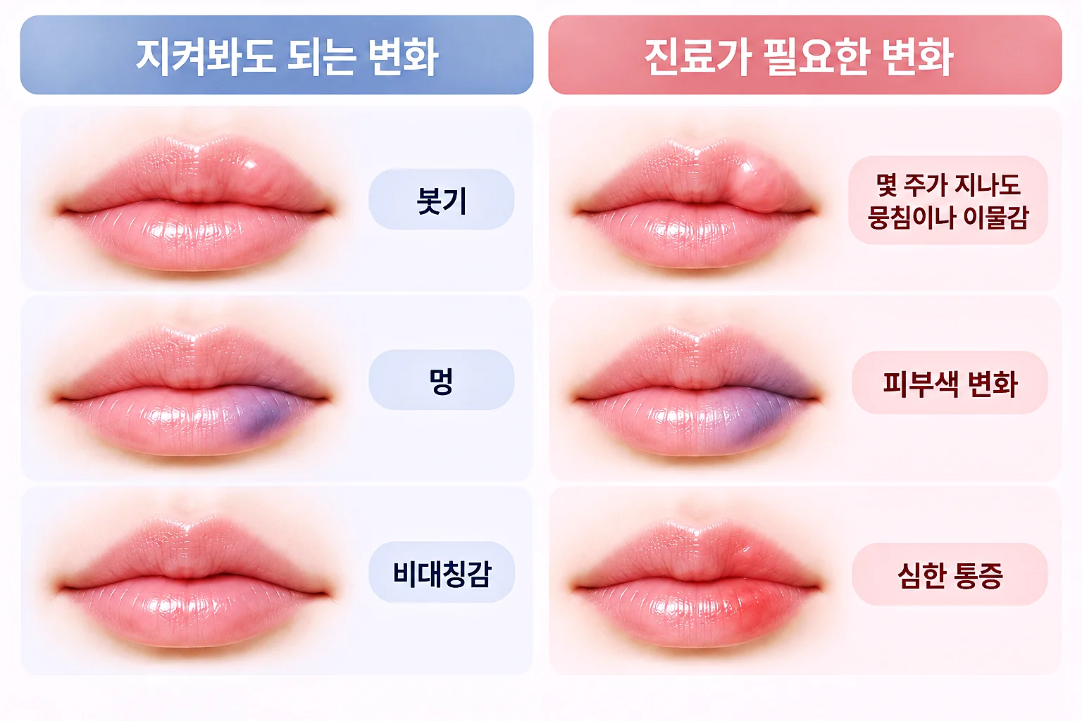 입술 필러 흡수 과정에서 나타날 수 있는 변화와 진료가 필요한 경우 구분표