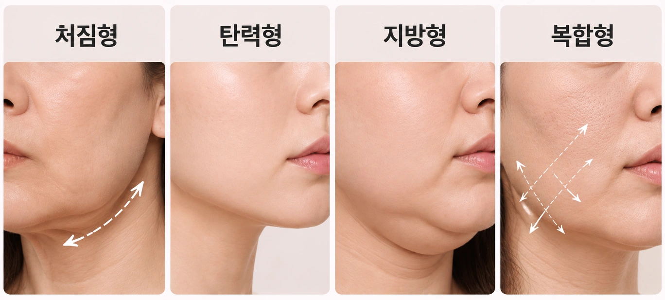 처짐형·탄력형·지방형·복합형 얼굴의 피부 고민별 특징을 비교한 인포그래픽