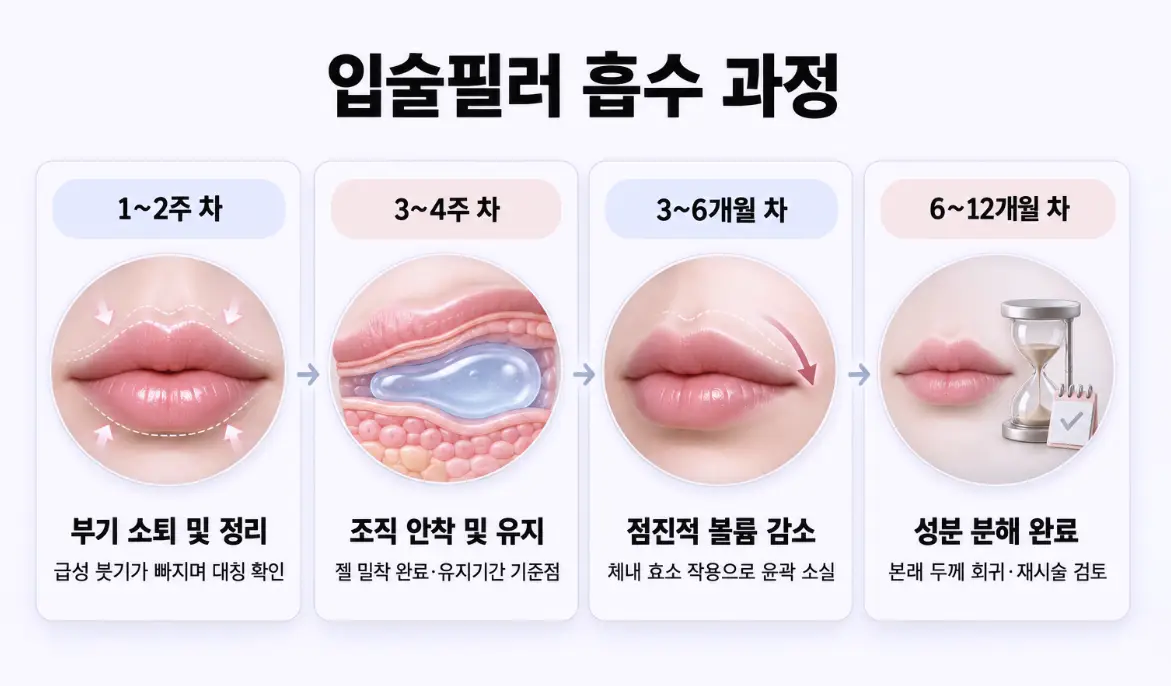 1~2주 차 부기 소퇴부터 3~4주 차 조직 안착, 3~6개월 차 점진적 볼륨 감소, 6~12개월 차 성분 분해 완료까지 나타낸 입술필러 흡수 과정 4단계 인포그래픽