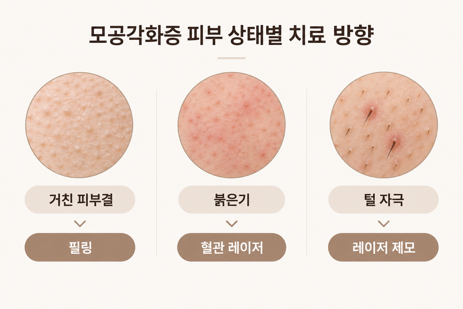 거친 피부결 붉은기 털 자극에 따른 모공각화증 필링 혈관 레이저 제모 치료 방향