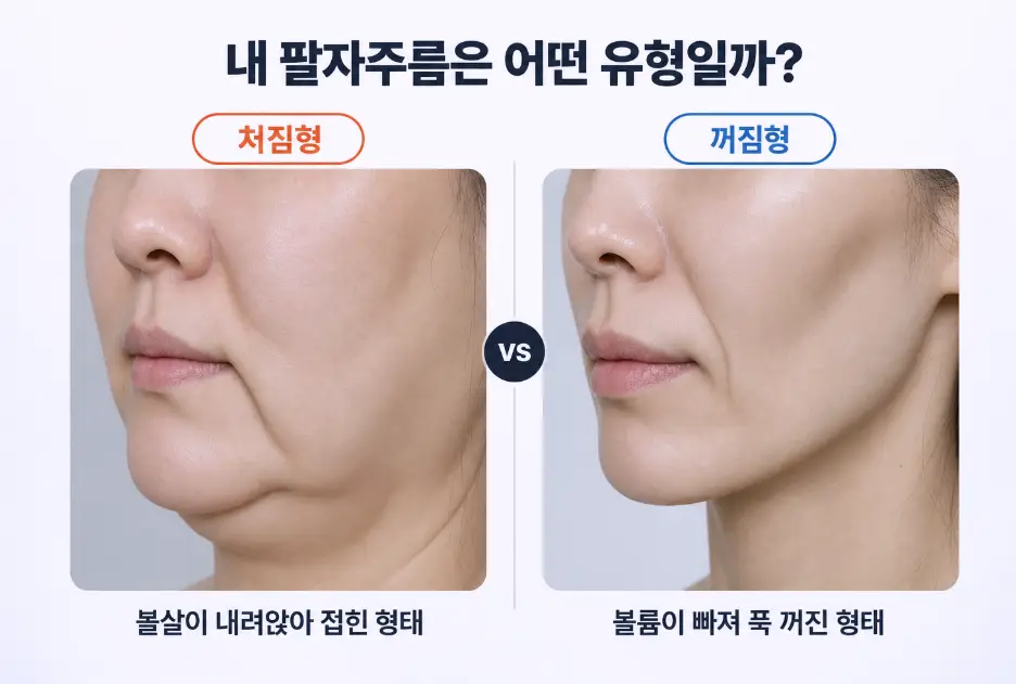 볼살이 내려앉아 턱이지는 처짐형 팔자주름과 피부 볼륨이 빠져 푹 꺼진 형태를 비교한 안내도