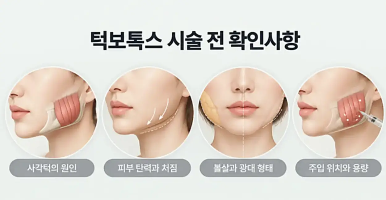 턱보톡스 시술 전 확인해야 할 사각턱의 원인, 피부 탄력과 처짐, 볼살과 광대 형태, 교근의 주입 위치와 용량을 정리한 인포그래픽