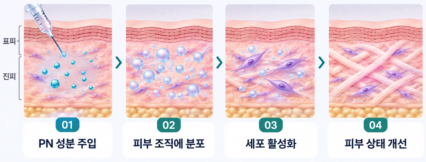 리쥬란 PN 성분 주입부터 피부 조직 분포, 세포 활성화, 피부 상태 개선까지 4단계 과정을 나타낸 피부 단면도