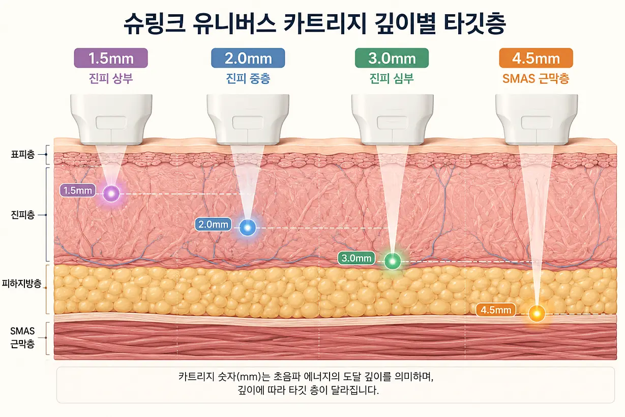 슈링크 유니버스 카트리지 깊이별 1.5mm 2.0mm 3.0mm 4.5mm 타깃 피부층 단면도