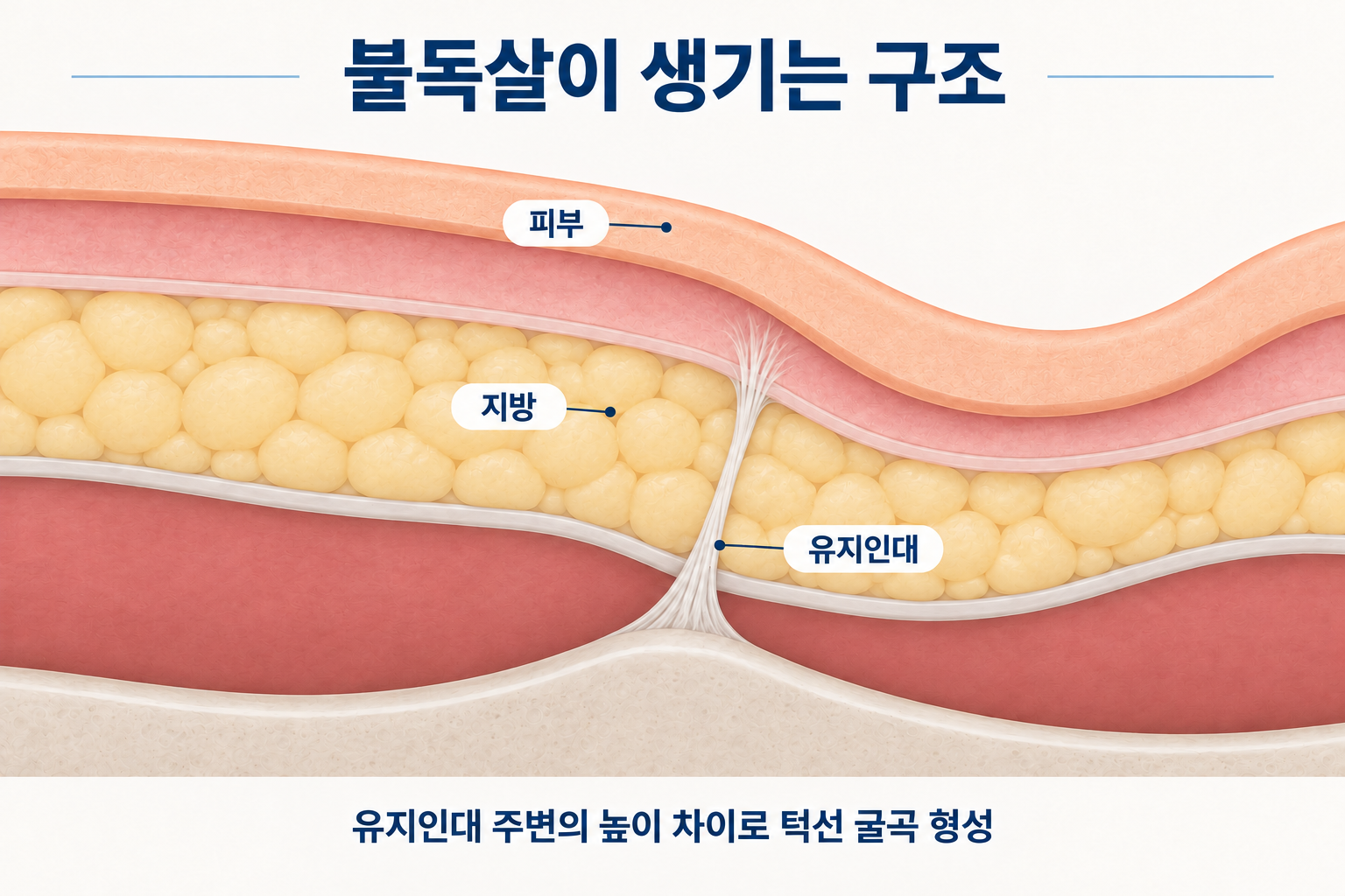 피부와 지방층을 지지하는 유지인대 주변의 높이 차이로 불독살과 턱선 굴곡이 형성되는 원리를 나타낸 피부 단면도
