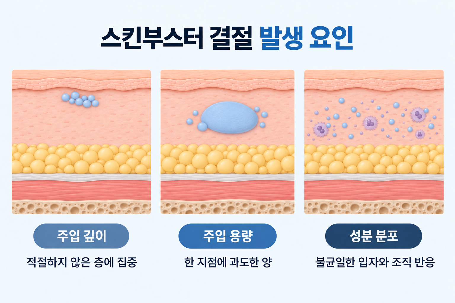 스킨부스터 결절 발생 요인인 주입 깊이, 용량, 성분 분포를 비교한 피부 단면도