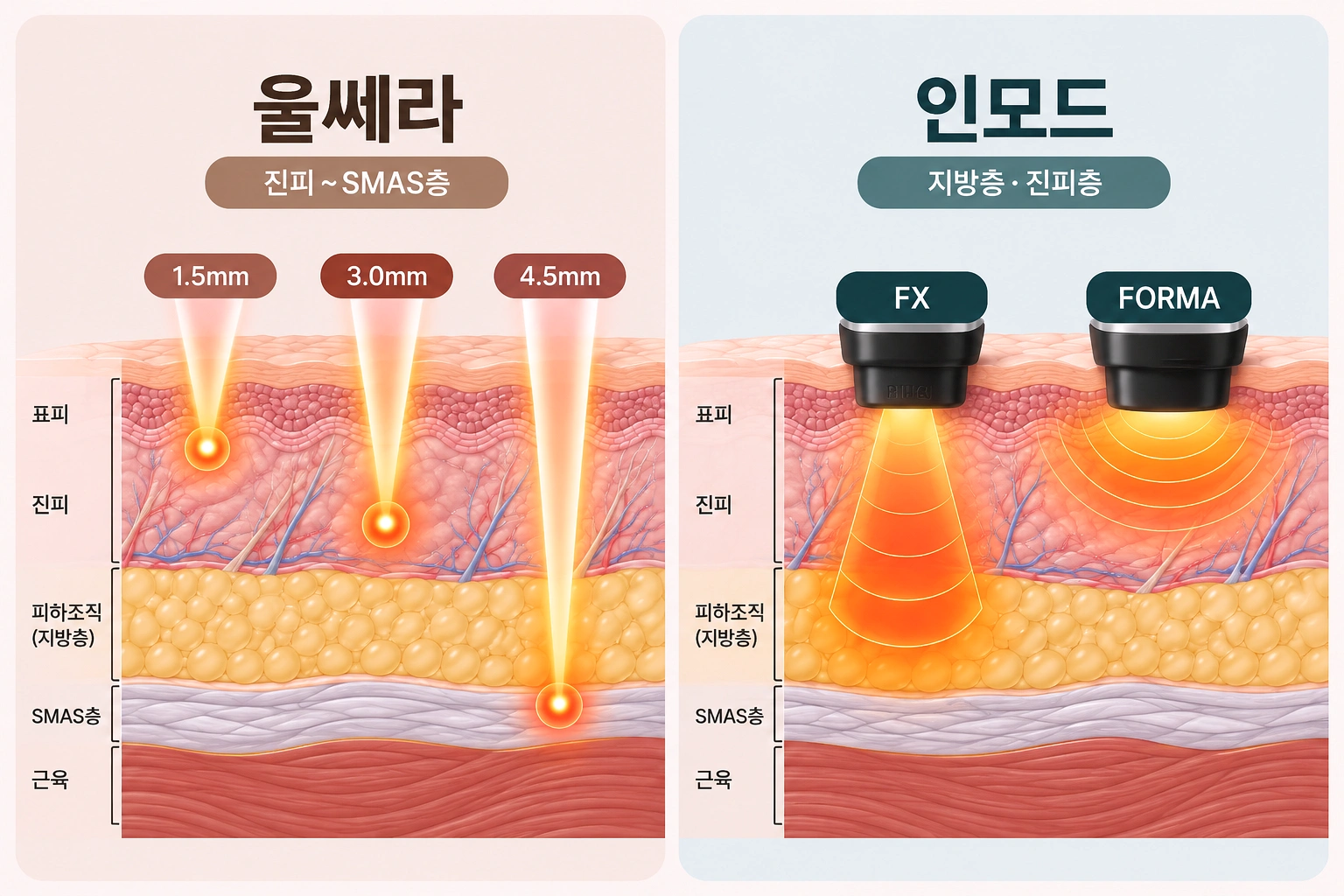 울쎄라의 집속초음파 에너지 전달 깊이(1.5mm·3.0mm·4.5mm)와 인모드 FX·FORMA의 고주파 작용 부위를 비교한 피부 단면도