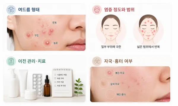 여드름 치료 전 확인 항목 - 여드름 형태 염증 정도와 범위 이전 관리·치료 자국·흉터 여부