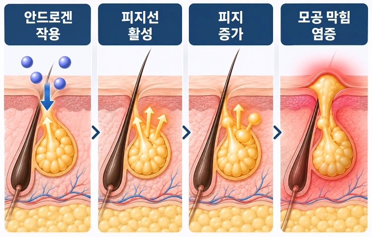안드로겐 작용으로 피지선이 활성화되고 모공 염증으로 이어지는 과정 피부 단면도