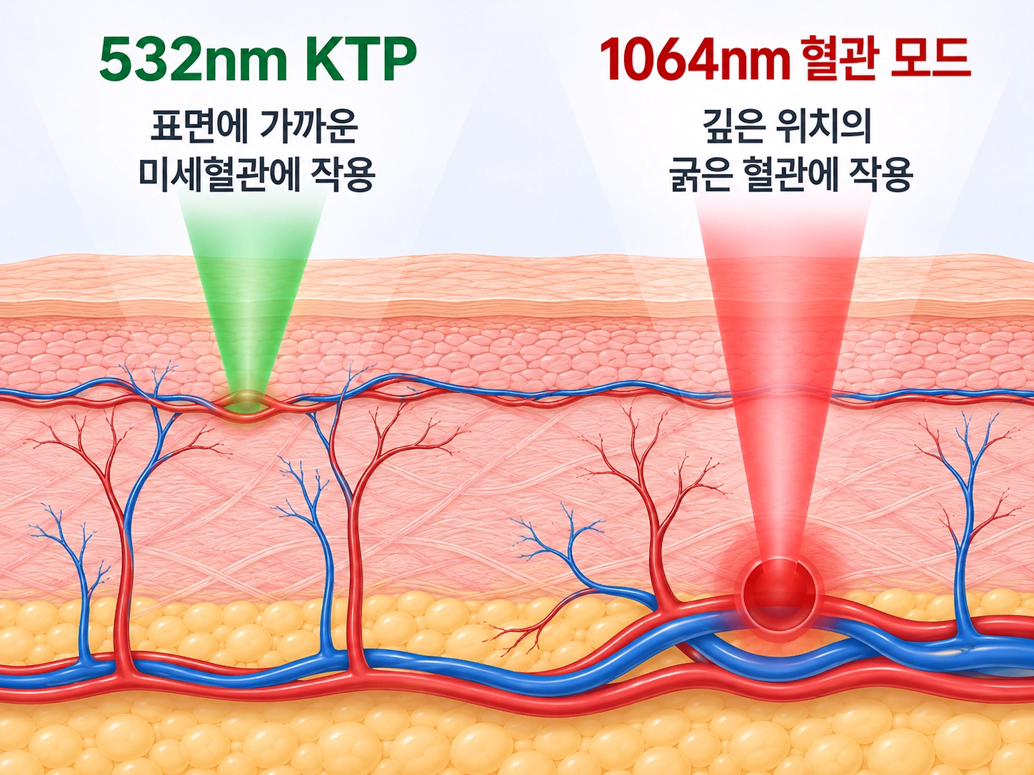 532nm KTP 레이저와 1064nm 혈관 레이저가 서로 다른 깊이의 혈관에 에너지를 전달하는 모습을 비교한 피부 단면도
