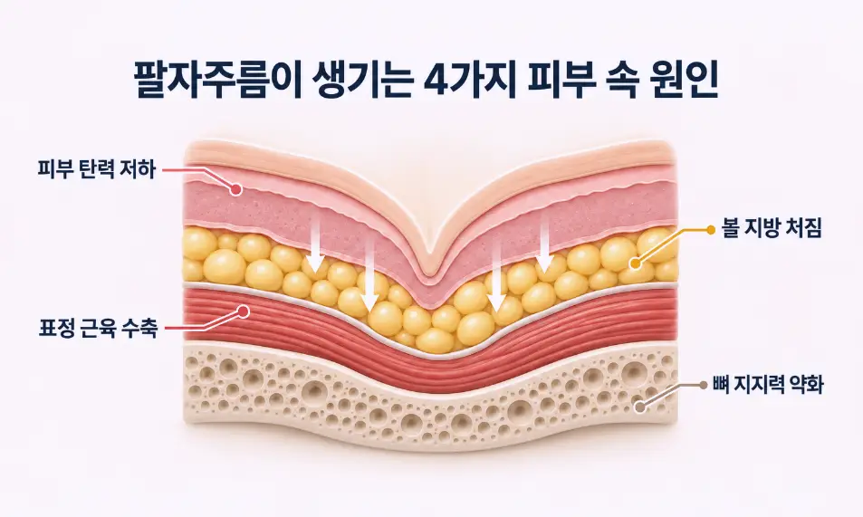 피부 탄력 저하, 볼 지방 처짐, 표정 근육 수축, 뼈 지지력 약화의 4가지 복합 원인으로 형성되는 팔자주름 3D 피부 단면도