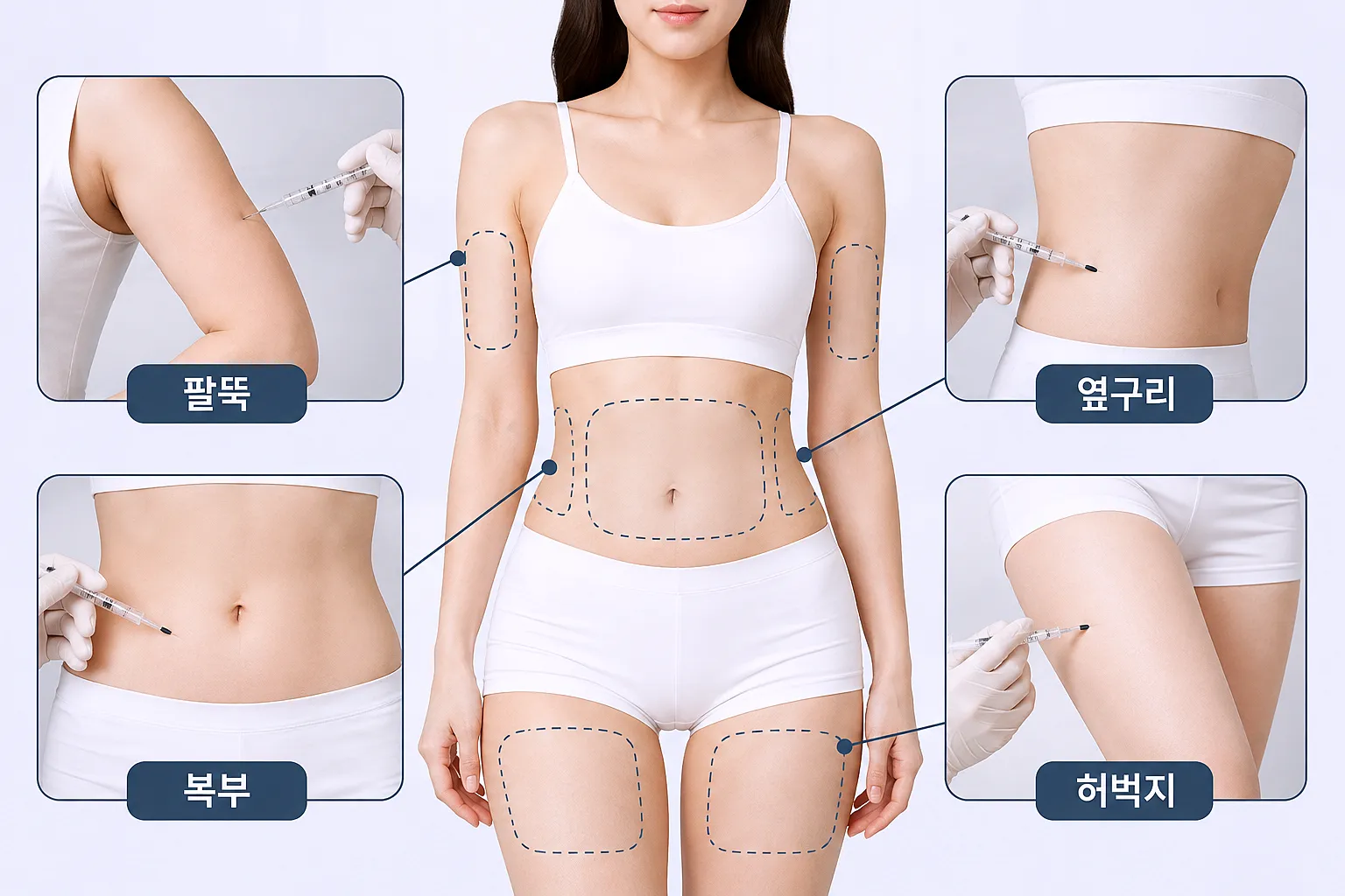 지방분해주사 바디슬림컷주사 시술 부위 - 복부 팔뚝 옆구리 허벅지