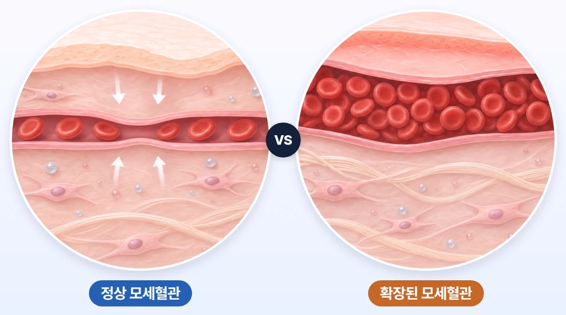 정상 모세혈관과 확장된 모세혈관의 굵기 및 혈관 내부 구조 차이를 비교한 피부 단면 모식도