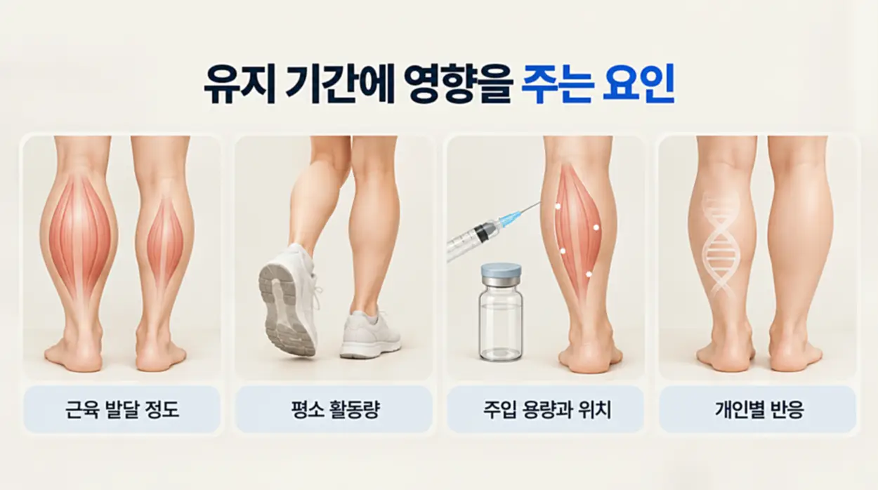 종아리 보톡스 효과의 유지 기간에 영향을 주는 근육 발달 정도, 평소 활동량, 보톡스 주입 용량과 위치, 개인별 반응을 종아리 근육 해부도와 시술 일러스트로 설명한 이미지