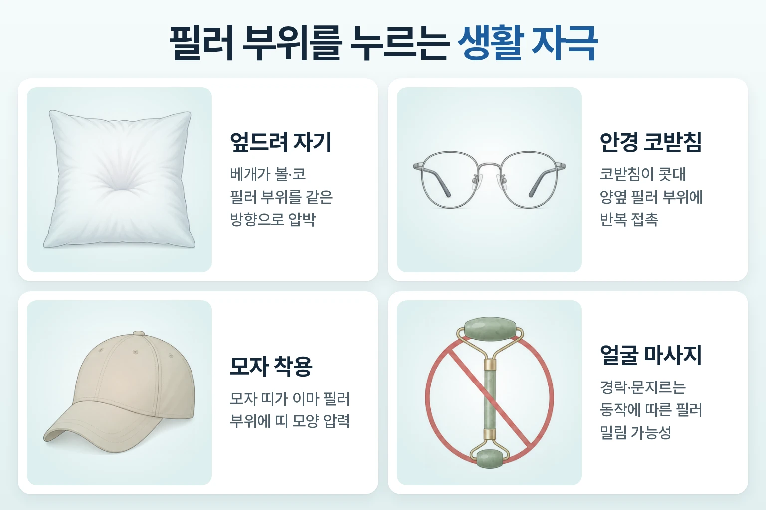 베개, 안경 코받침, 모자, 얼굴 마사지처럼 필러 부위를 누르는 생활 자극을 정리한 관리 이미지