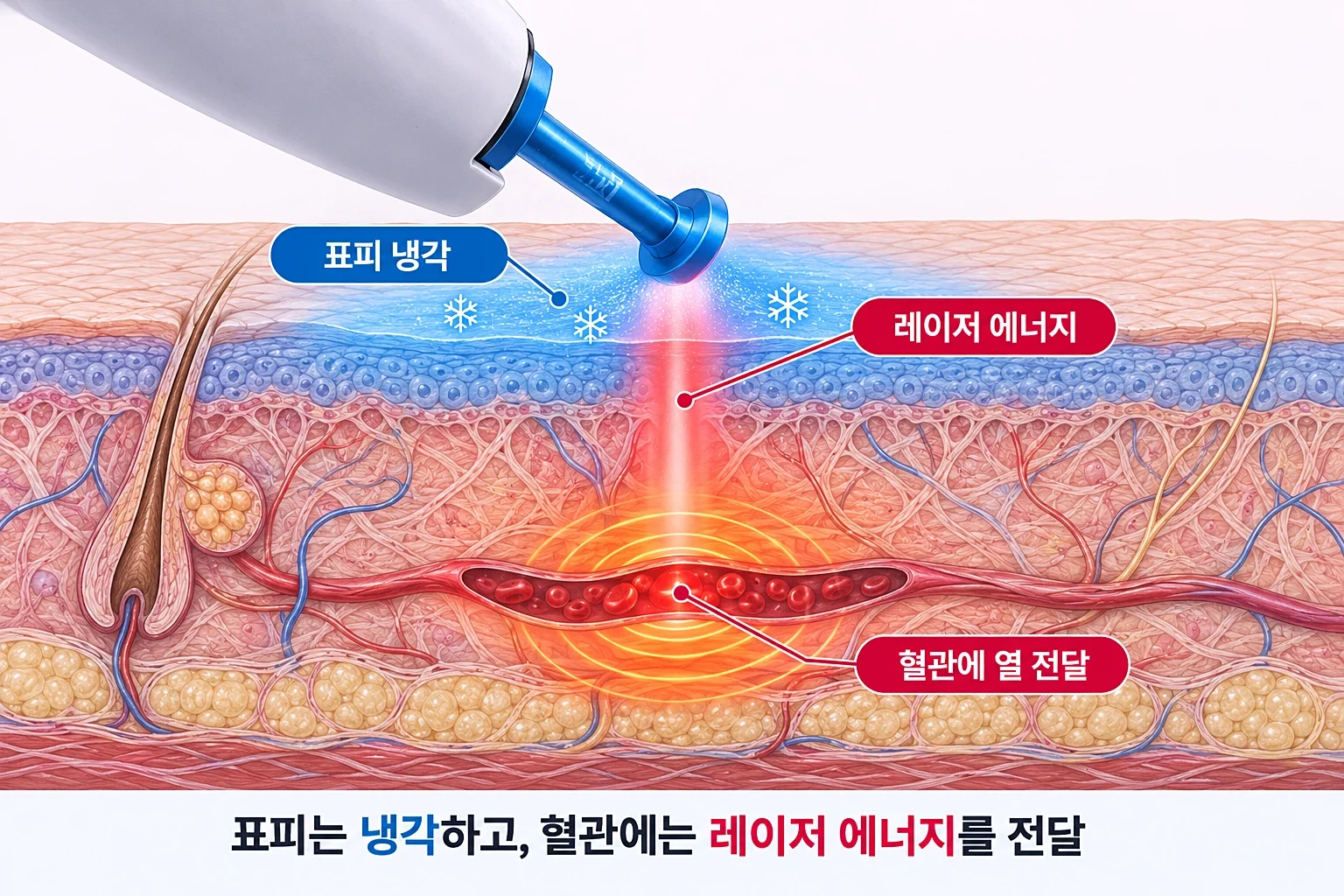 냉각 가스로 표피 온도를 낮추면서 진피 혈관에만 열이 전달되는 구조를 나타낸 피부 단면도
