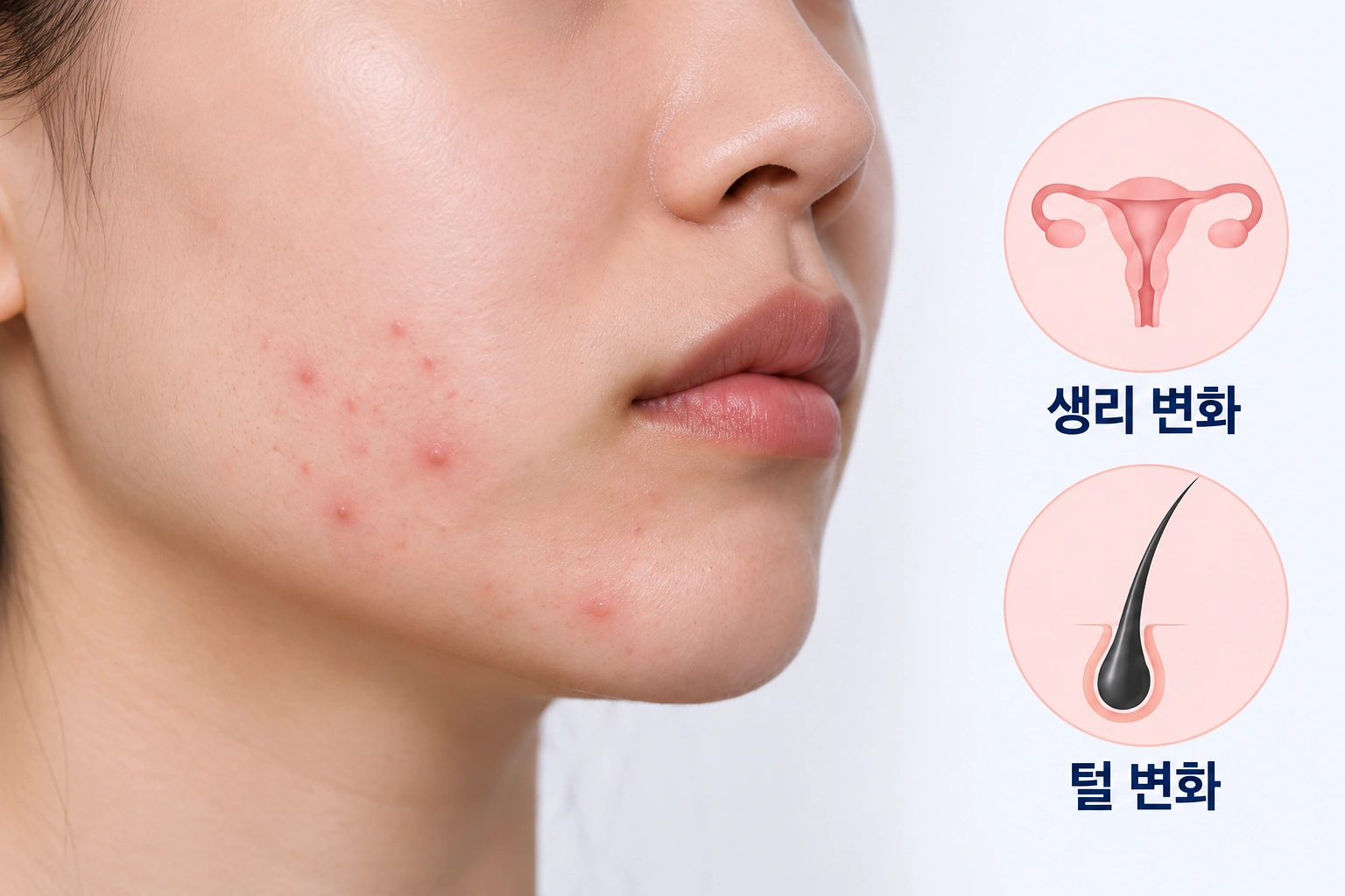 여드름과 함께 나타날 수 있는 여성 생리 및 털 변화 비교 이미지