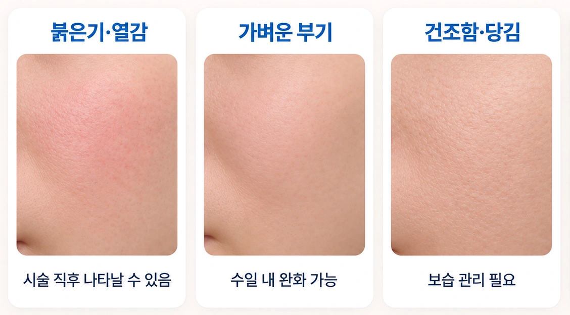 모공축소 레이저 시술 후 나타날 수 있는 붉은기와 열감, 가벼운 부기, 건조함과 당김을 비교한 이미지