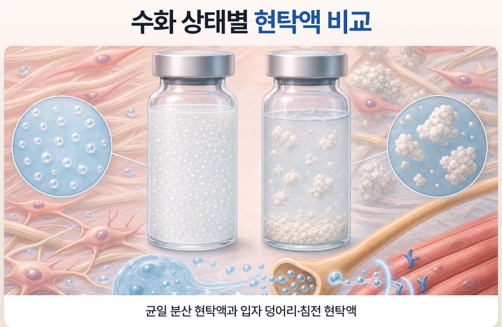 균일하게 분산된 현탁액과 입자가 뭉치거나 침전된 현탁액의 차이를 비교한 인포그래픽