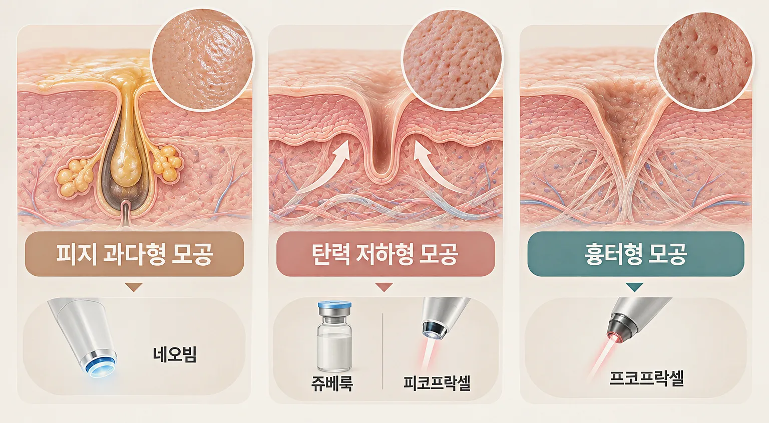 모공 원인 세 가지와 접근 시술 - 피지형 늘어진형 함몰형