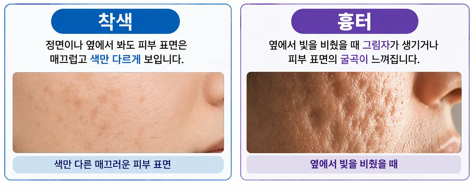 피부 표면의 굴곡 여부로 구분하는 여드름 자국과 흉터의 차이