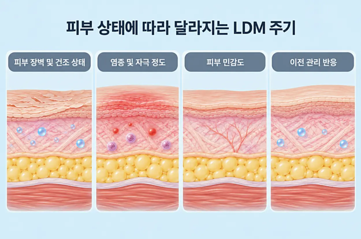 피부 상태에 따라 달라지는 LDM 주기 안내 이미지, 피부 장벽 및 건조 상태·염증과 자극 정도·피부 민감도·이전 관리 반응 등 4가지 기준을 피부 단면도로 비교한 인포그래픽