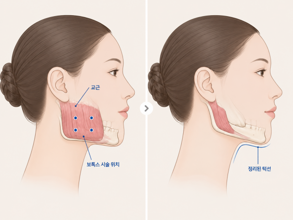 교근 부피 감소에 따른 사각턱 윤곽과 턱선 변화 비교