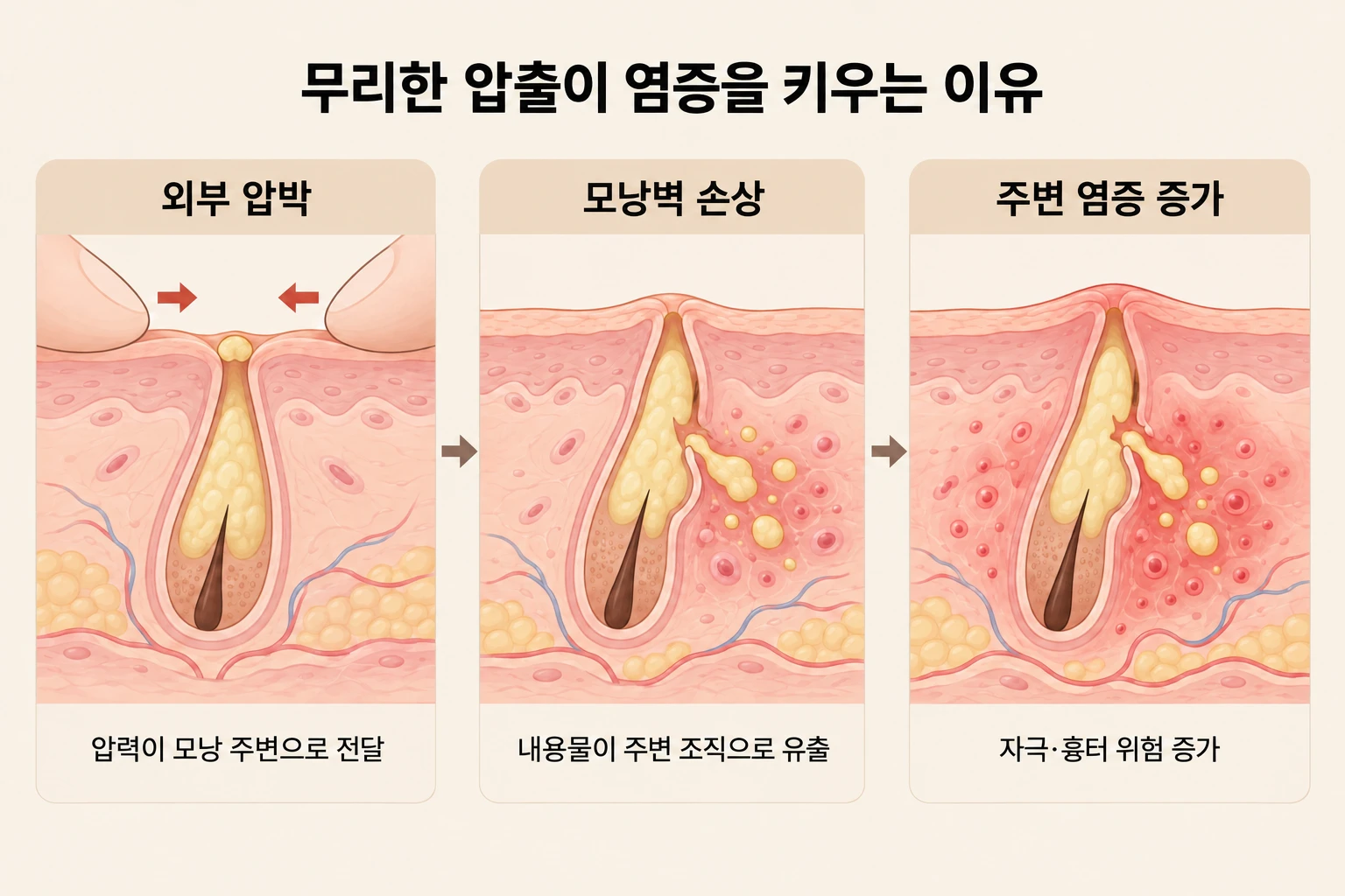 무리한 여드름 압출로 모낭벽이 손상되고 주변에 염증이 퍼지는 과정