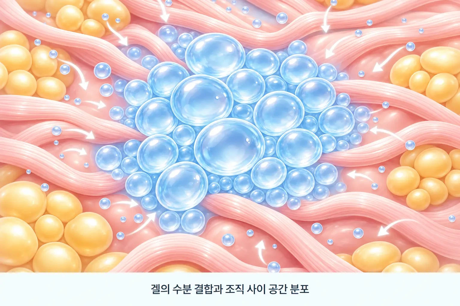 히알루론산 필러 겔이 주변 수분을 끌어당기며 조직 사이 공간에 퍼져 안정되는 모습을 확대한 개념도