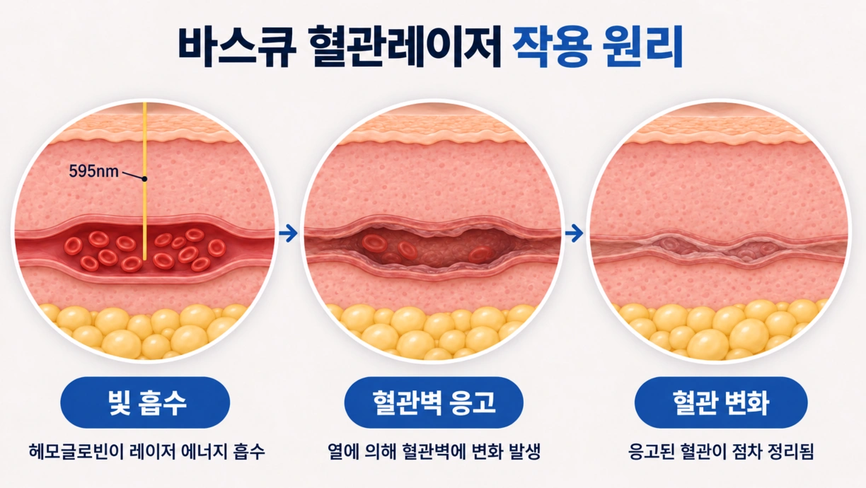 바스큐 595nm 혈관레이저가 헤모글로빈에 흡수되어 혈관벽에 열을 전달하고 혈관 변화를 유도하는 원리
