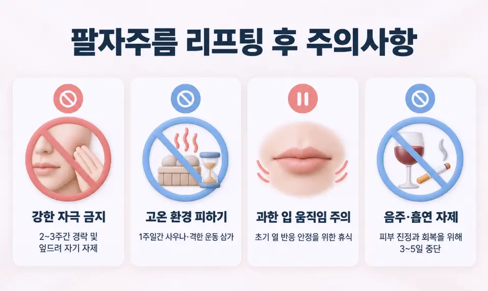 강한 압박 금지, 고온 환경 피하기, 과한 입 움직임 주의, 음주 및 흡연 자제 수칙을 정리한 팔자주름 리프팅 시술 후 주의사항 안내