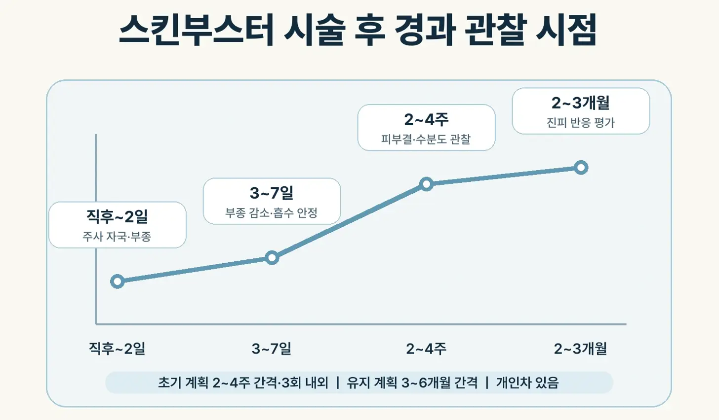 스킨부스터 시술 후 경과 관찰 시점과 시술 주기를 나타낸 개념 그래프