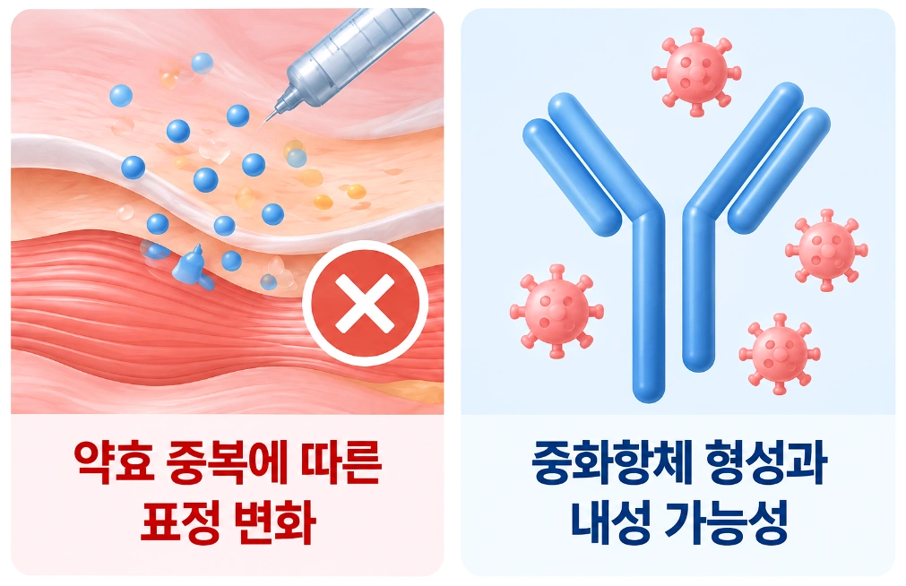 스킨보톡스 약효 중복에 따른 표정 변화와 반복 시술로 인한 중화항체 형성 및 내성 가능성을 비교한 인포그래픽