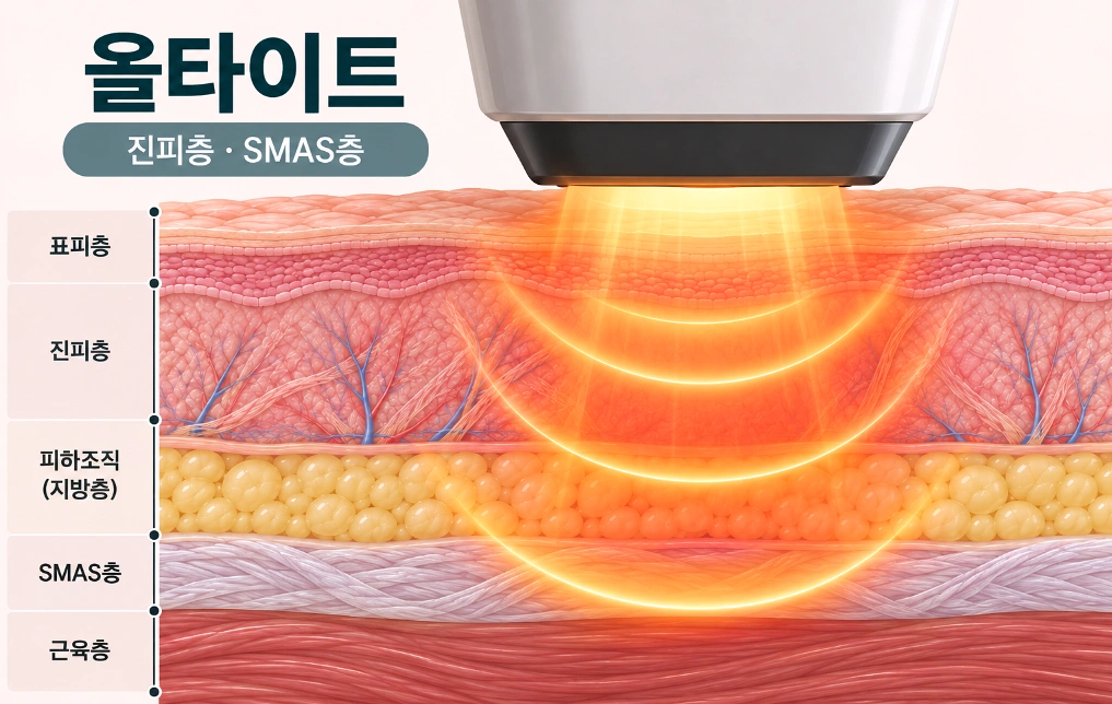 올타이트 고주파 에너지가 진피층부터 SMAS층까지 전달되는 원리를 나타낸 피부 단면도