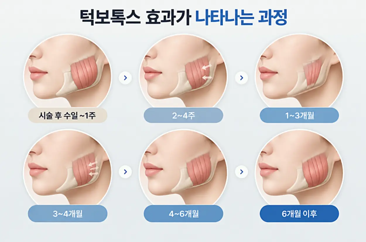 턱보톡스 시술 후 수일~1주부터 6개월 이후까지 교근의 부피 변화와 턱선 회복 과정을 단계별로 나타낸 인포그래픽