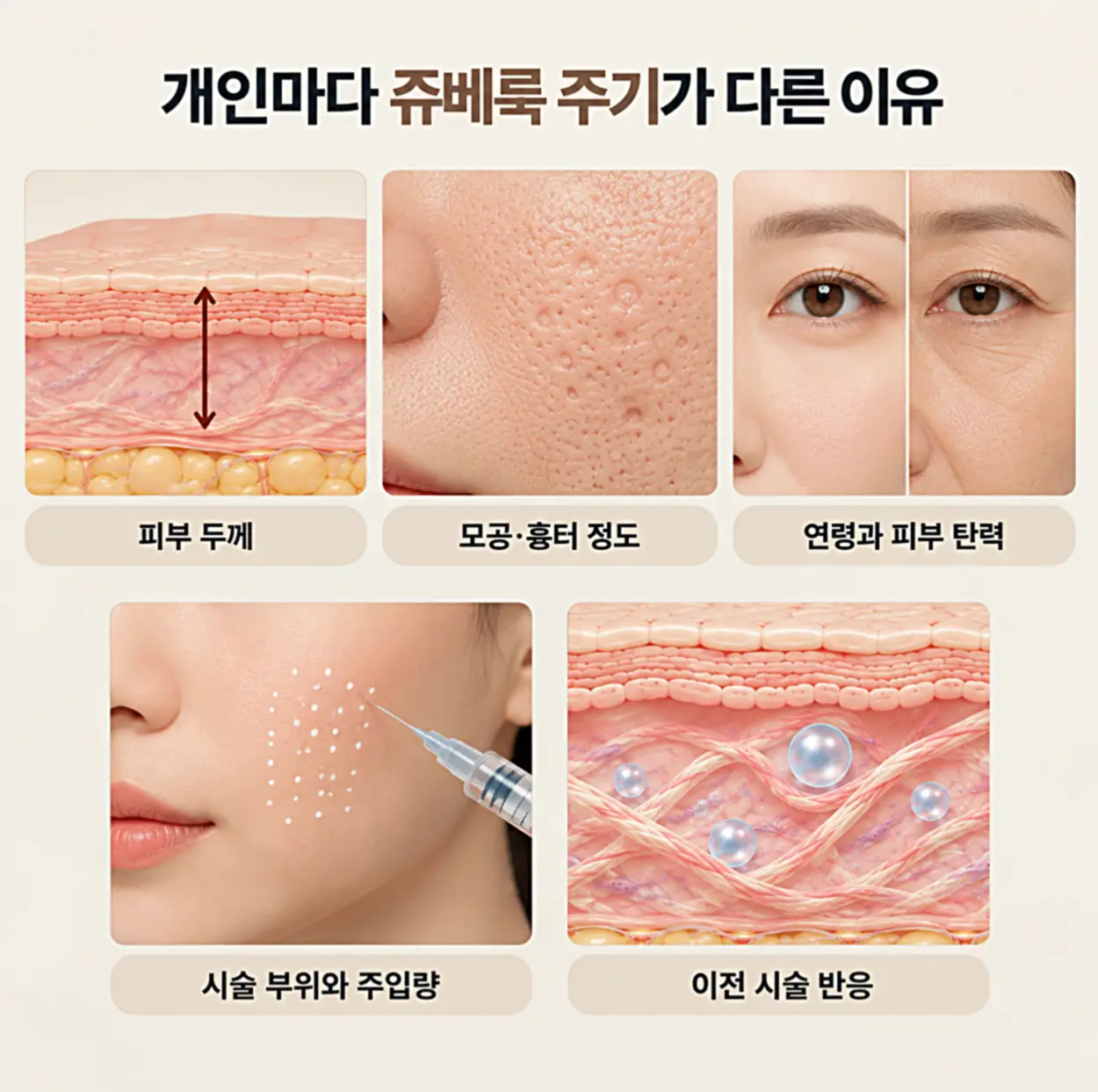 개인마다 쥬베룩 주기가 달라지는 이유인 피부 두께, 모공·흉터 정도, 연령과 피부 탄력, 시술 부위와 주입량, 이전 시술 반응을 나타낸 비교 이미지