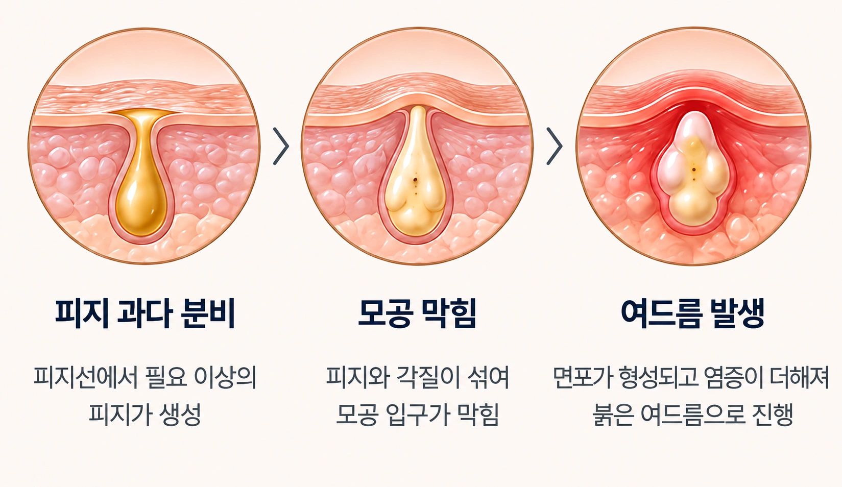 과도한 피지 분비로 모공이 막히고 염증성 여드름으로 진행되는 과정