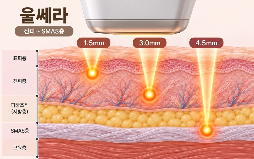 울쎄라 집속초음파가 1.5mm·3.0mm·4.5mm 깊이에 열응고점을 형성하는 원리를 나타낸 피부 단면도