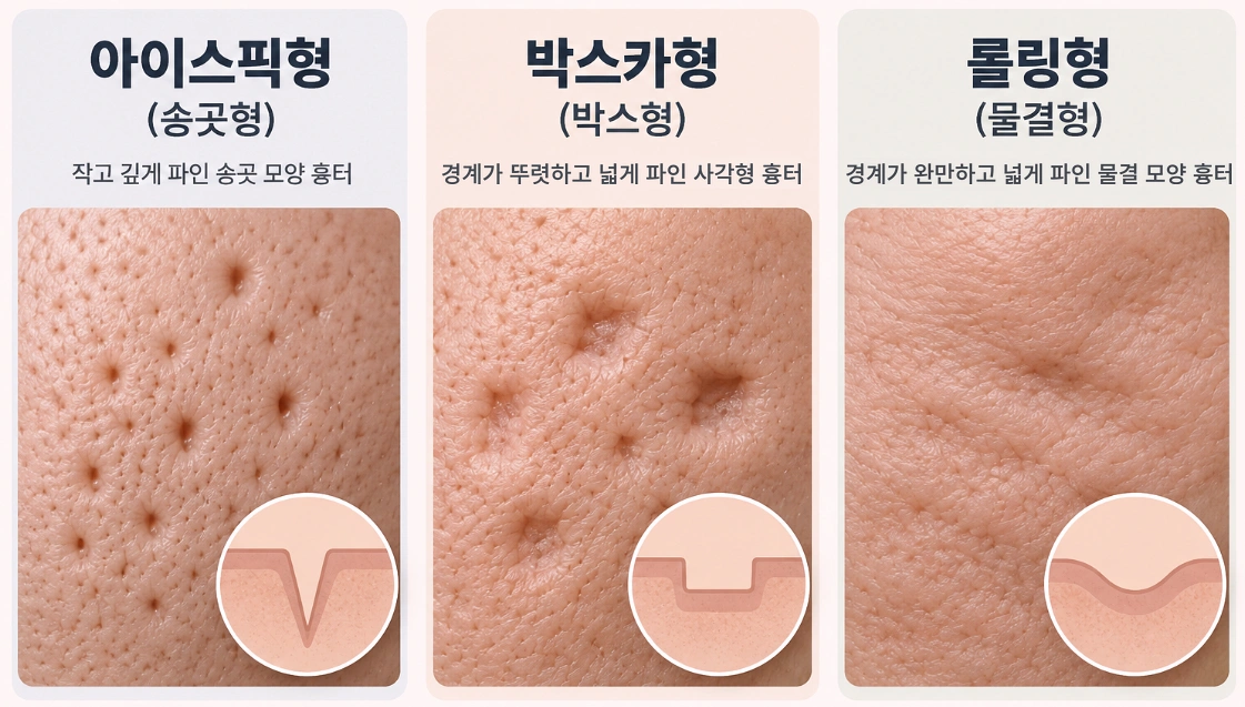 아이스픽형·박스카형·롤링형의 패인 모양과 깊이 차이를 실제 피부 확대 사진과 단면 모식도로 비교한 얼굴 여드름흉터 유형 이미지