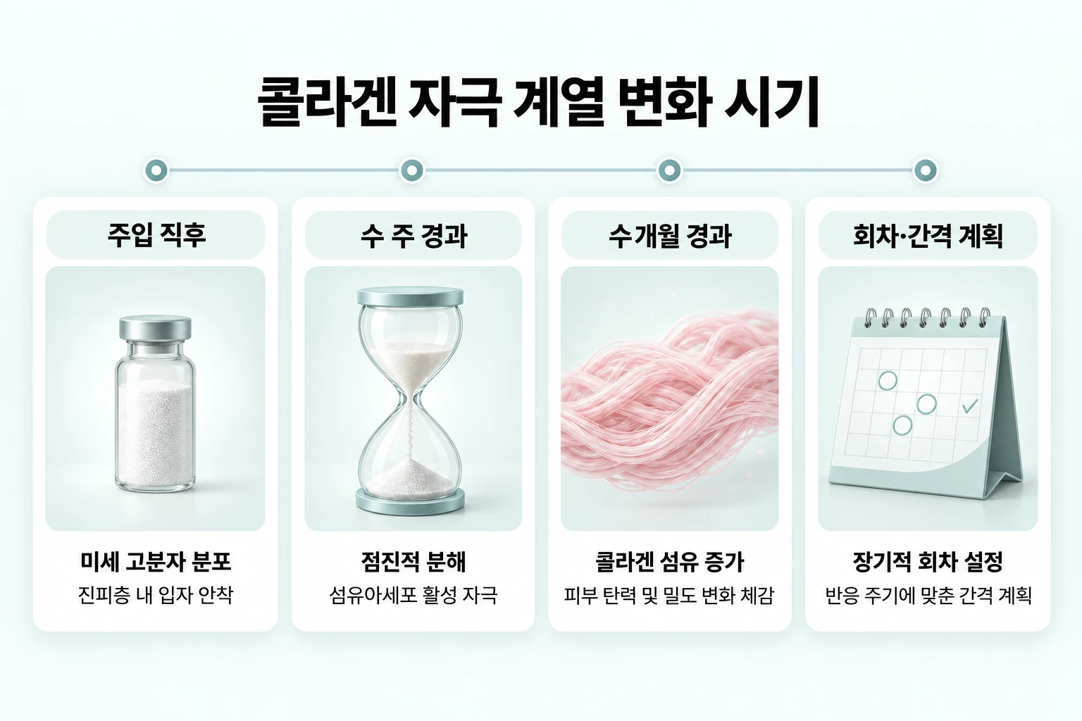 고분자 입자 분해와 새 콜라겐 섬유 증가를 주입 직후부터 시기별로 정리한 타임라인 이미지